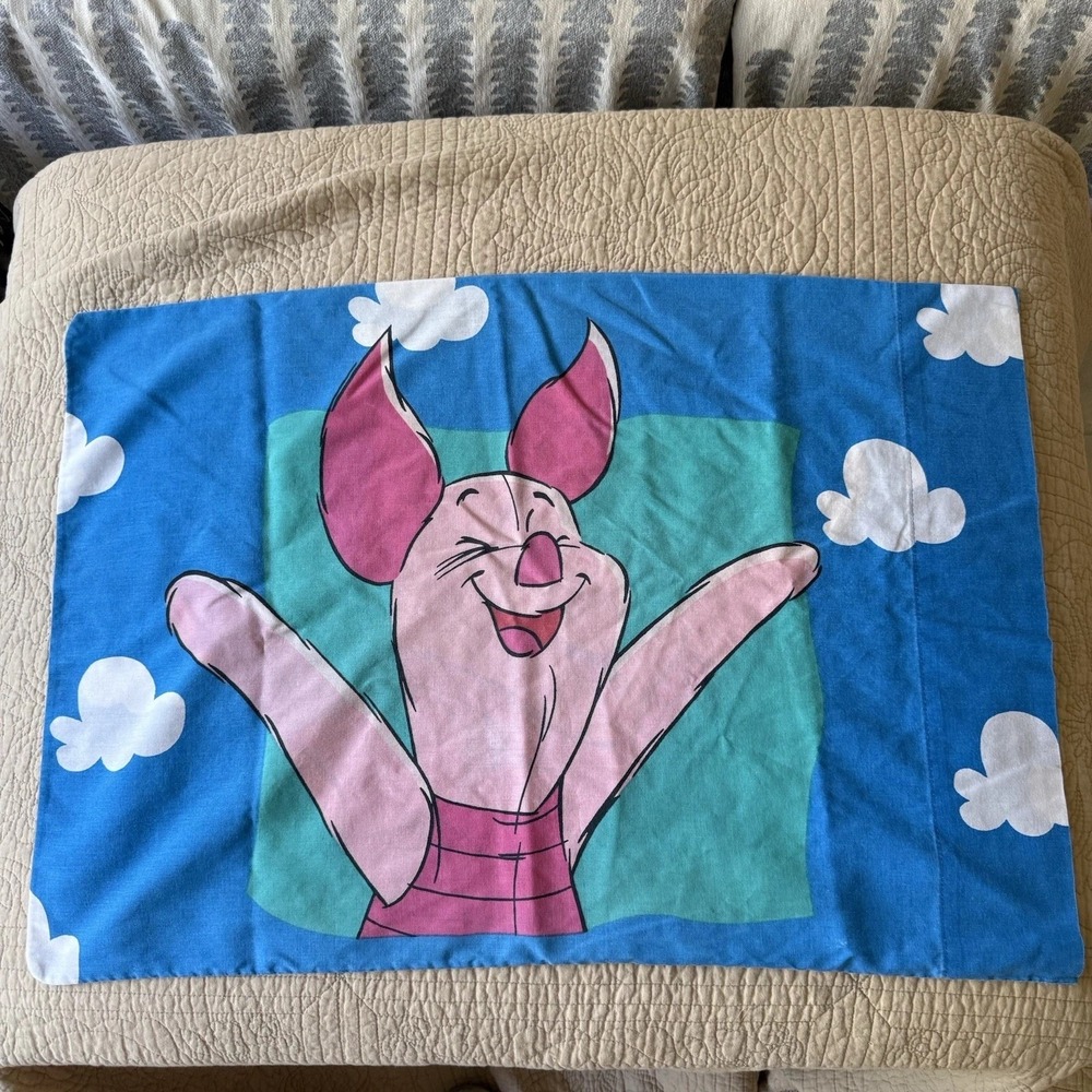 VTG Disney Winnie The Pooh Piglet Standard Pillow‎ Case Blue White Clouds 29x20"